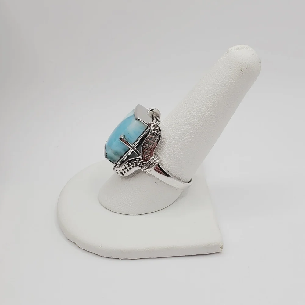 925 Sterling Silver Genuine Rectangle Blue Larimar Statement Ring